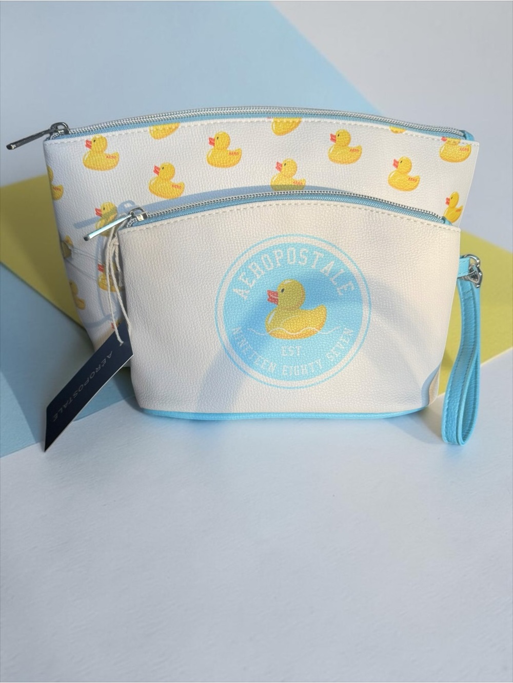 Aeropostale White Cosmetic Pouches with Yellow Duck Print and Blue Trim NWT